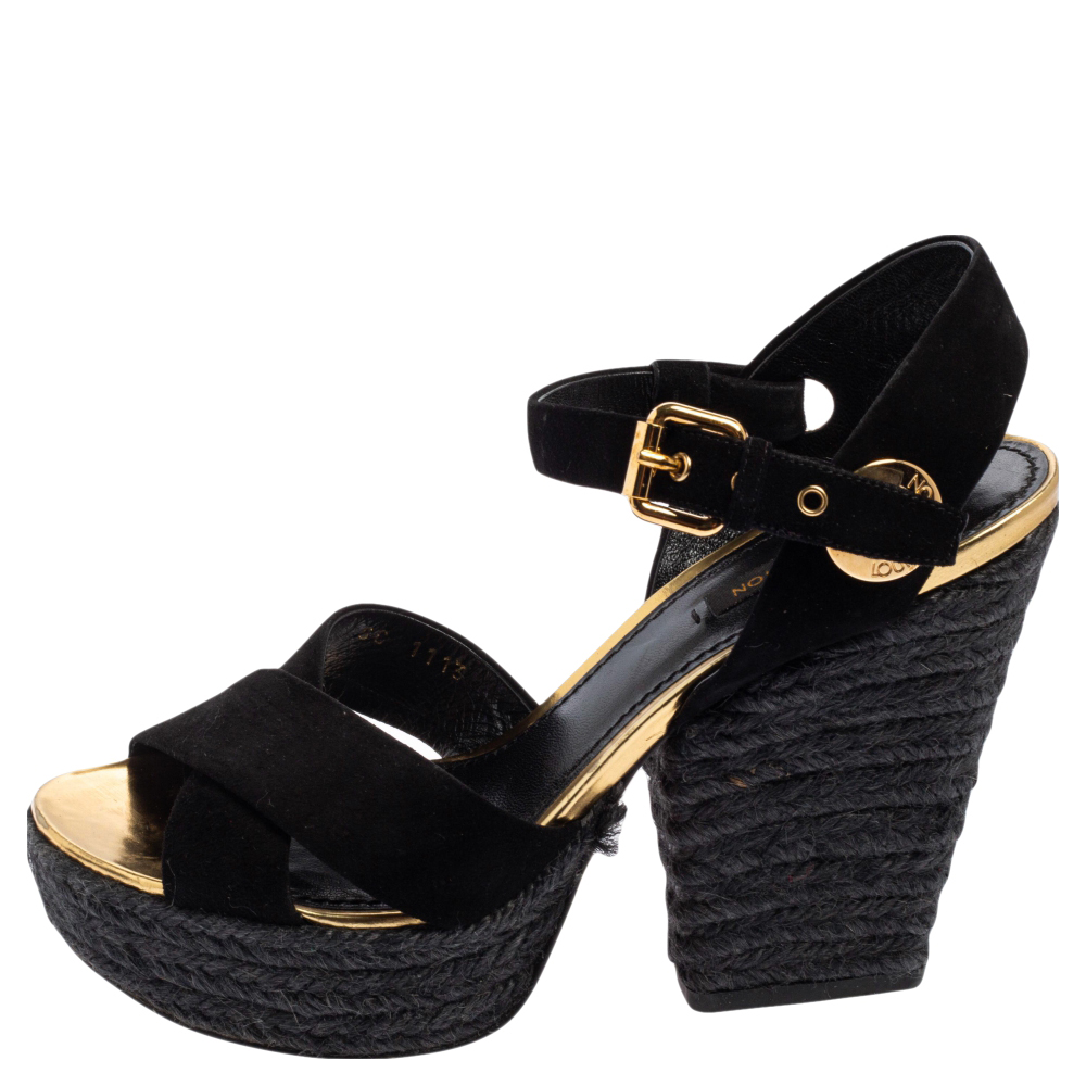 

Louis Vuitton Black Suede Criss Cross Ankle Strap Platform Espadrille Sandals Size