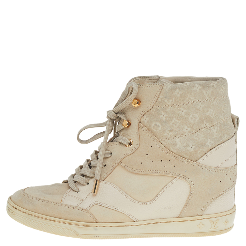 

Louis Vuitton Beige Monogram Embossed Suede And Leather Cliff Wedge Sneakers Size
