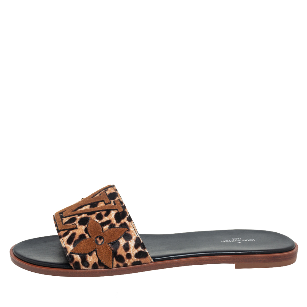 

Louis Vuitton Brown Leopard Print Calf Hair And Suede Monogram Lock It Flat Sandals Size