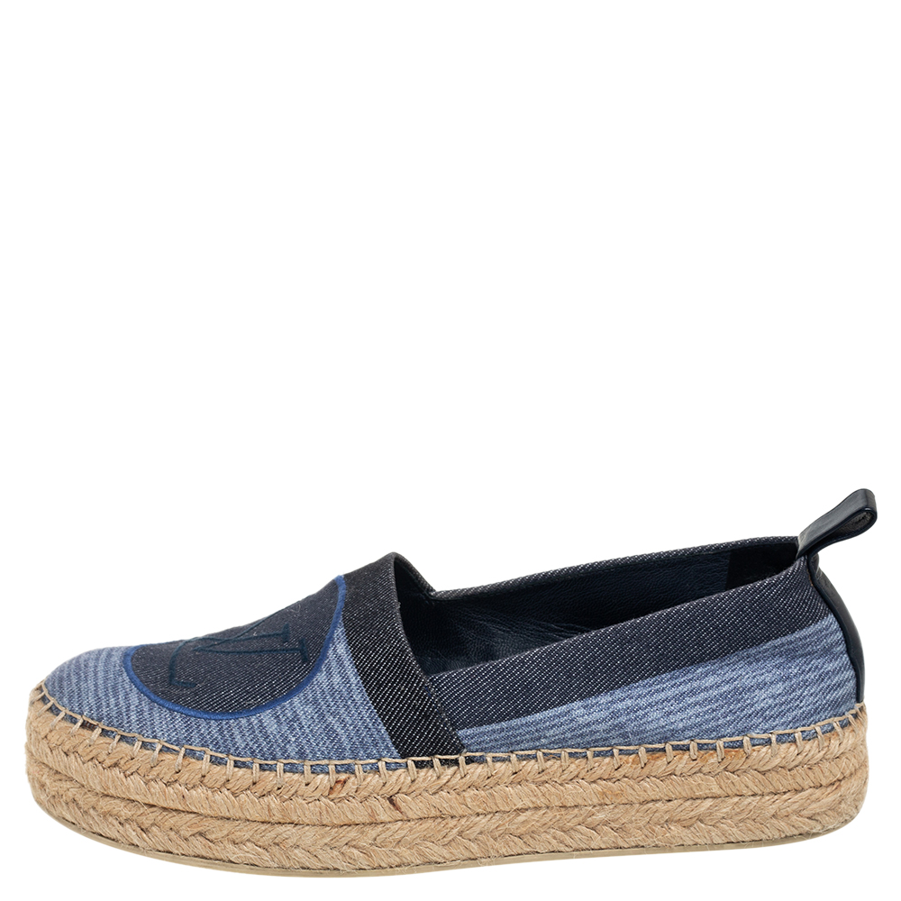 

Louis Vuitton Blue Shore Canvas Postcard Platform Espadrilles Size