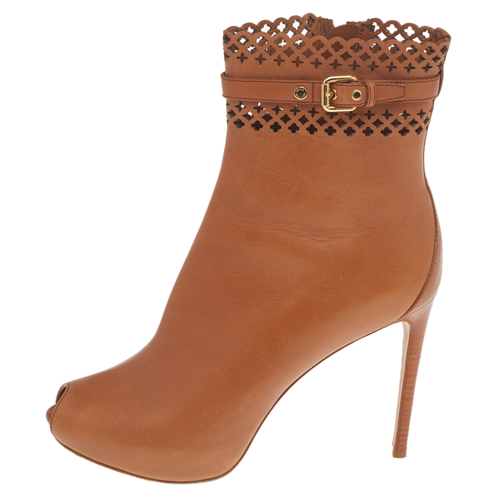 

Louis Vuitton Brown Perforated Leather Mid Calf Platform Boots Size