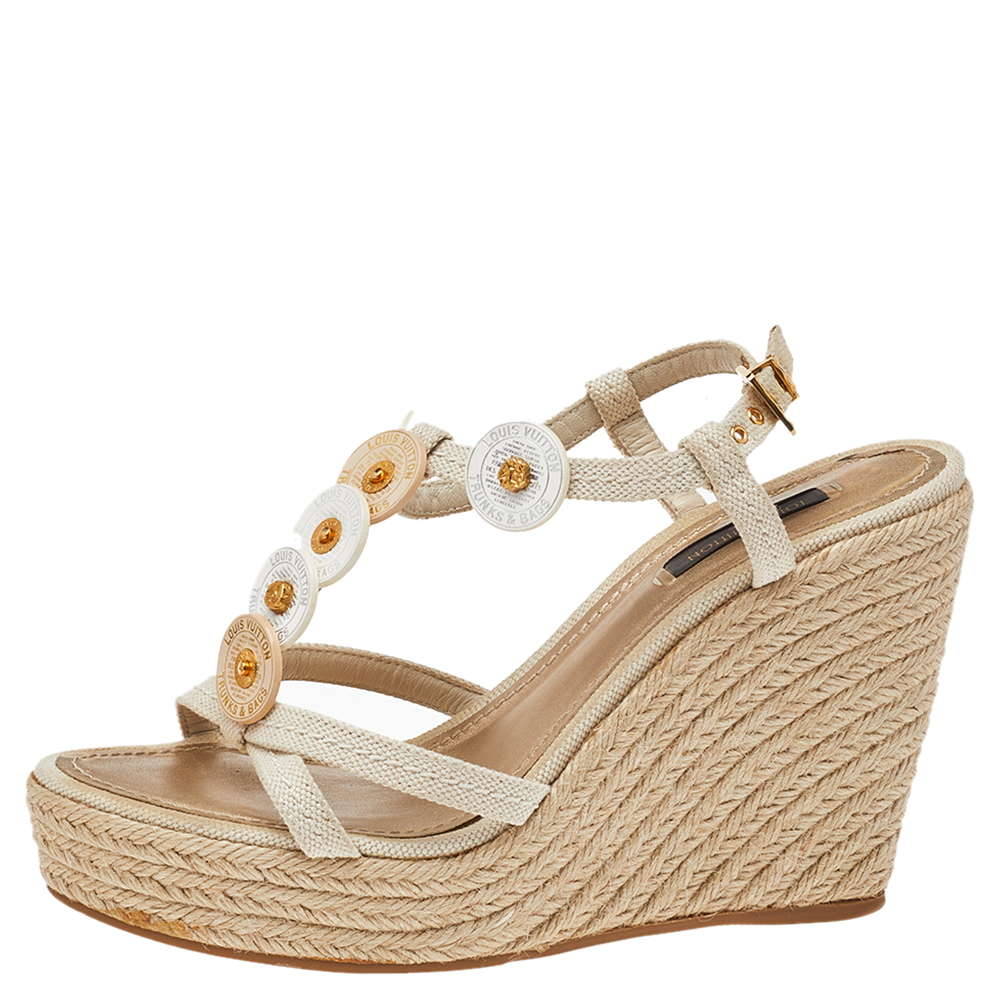 

Louis Vuitton Beige Canvas Medallion Leather Detail Espadrille Wedge Platform Sandals Size