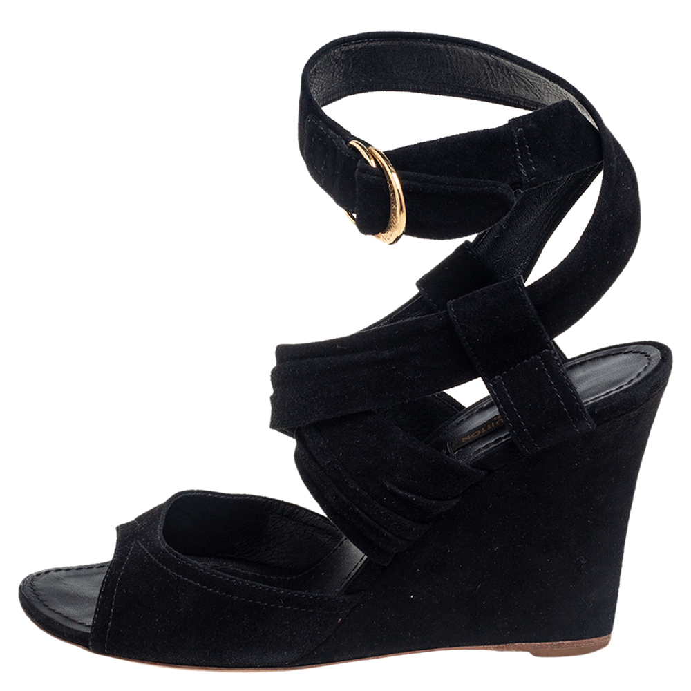 

Louis Vuitton Black Suede Criss Cross Ankle Wrap Wedge Sandals Size