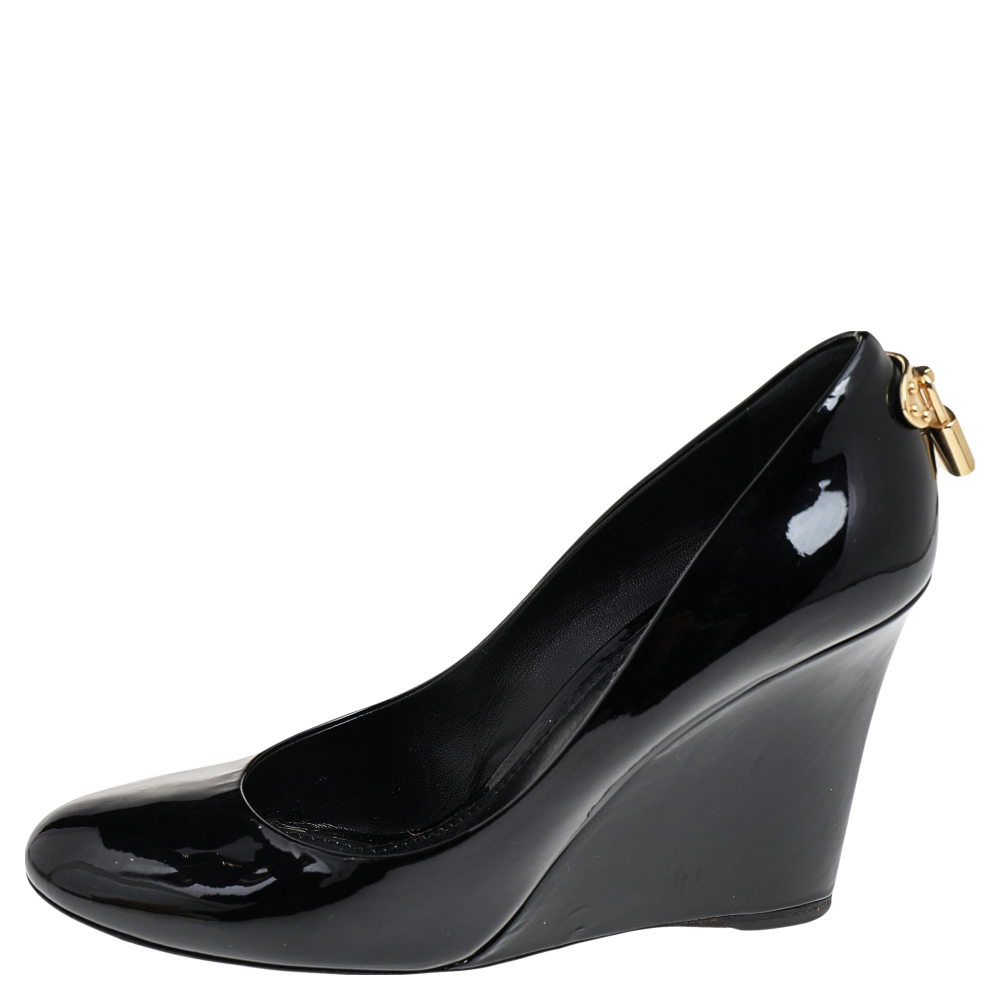 

Louis Vuitton Black Patent Leather Oh Really! Wedge Pumps Size