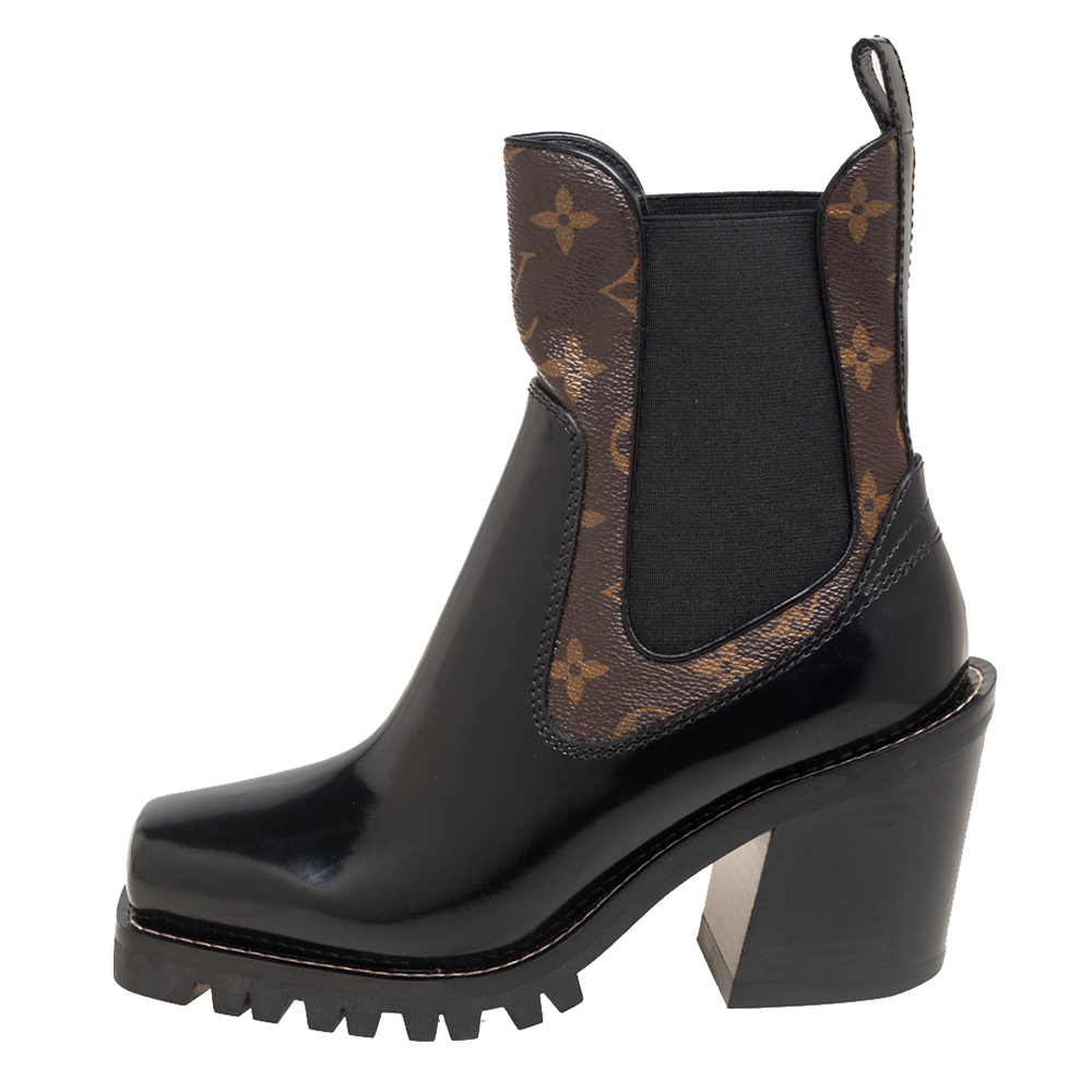 Louis Vuitton Black Leather And Monogram Canvas Limitless Ankle Boots Size