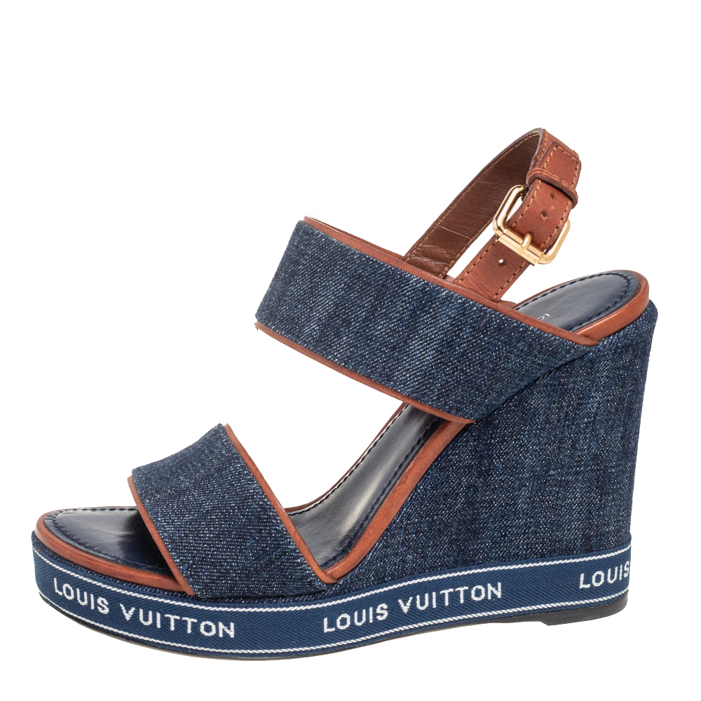 

Louis Vuitton Blue/Brown Denim And Leather Wedge Slingback Sandals Size