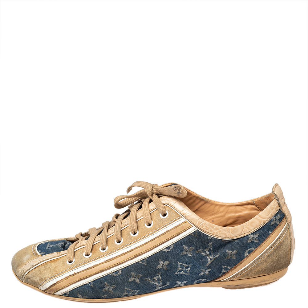 

Louis Vuitton Beige/Blue Monogram Denim And Leather Low Top Sneakers Size