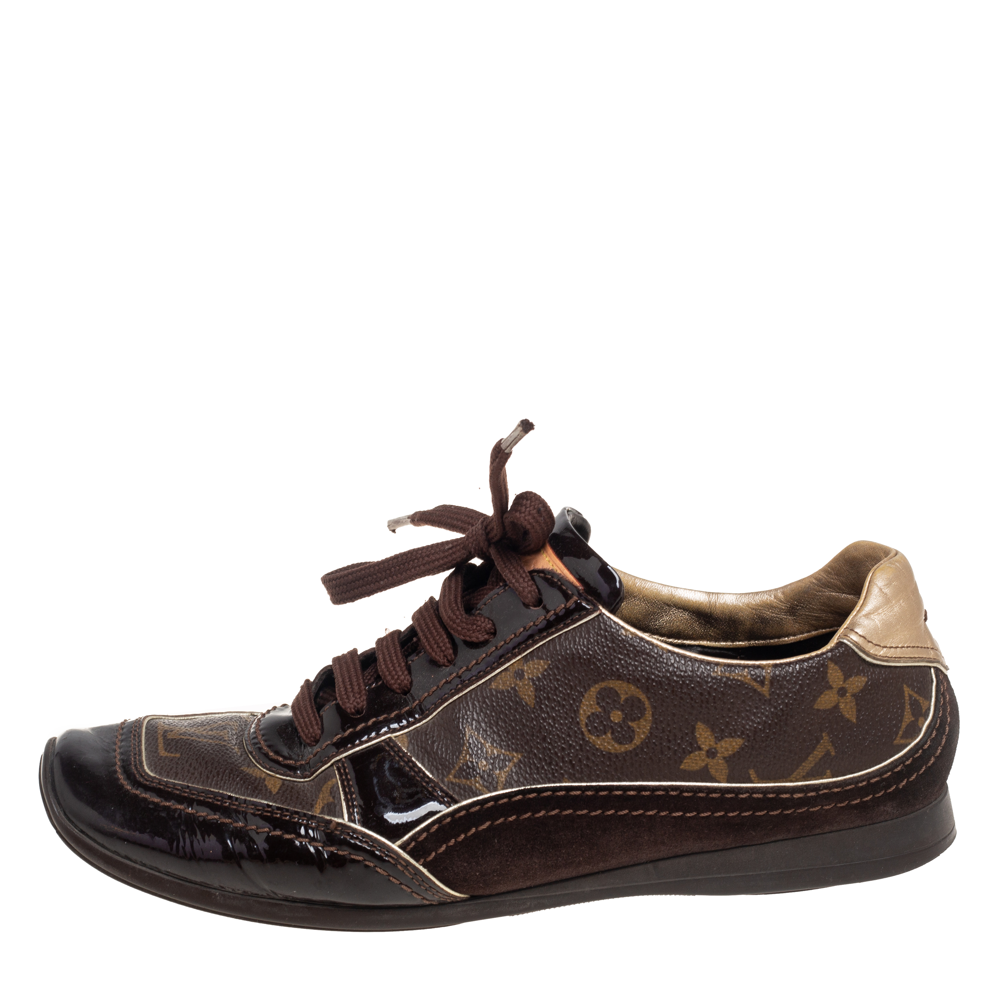 

Louis Vuitton Monogram Canvas and Patent Leather Lace Up Sneakers Size, Brown