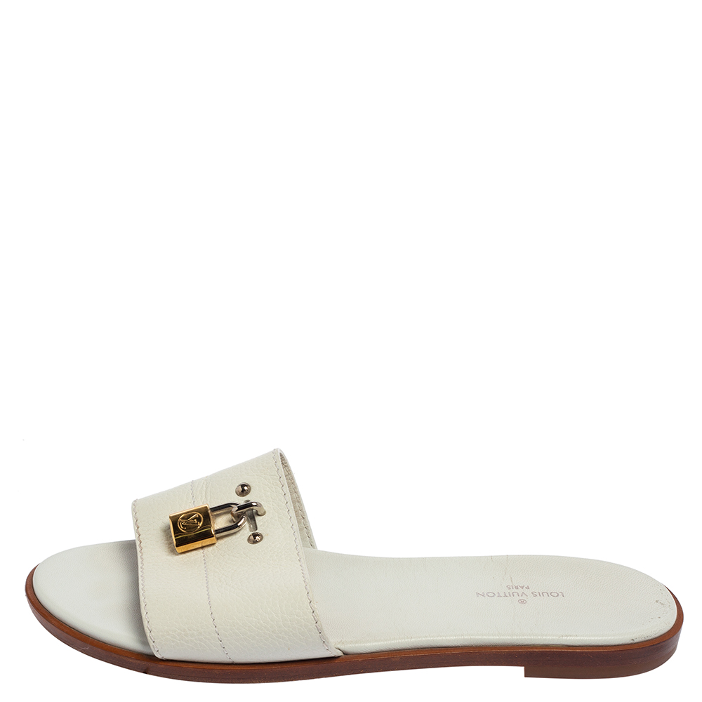 

Louis Vuitton White Leather Lock It Slides Sandals Size