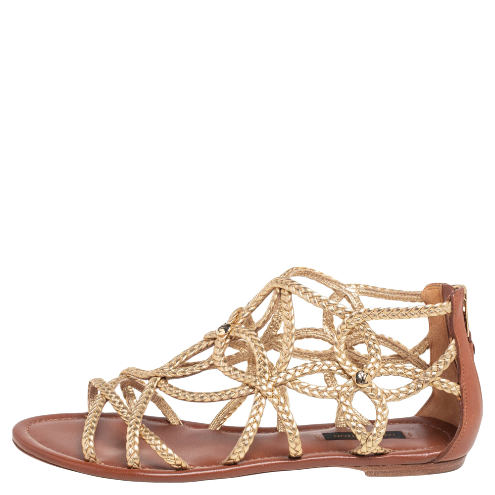 

Louis Vuitton Metallic Gold Braided Leather Gladiator Flat Sandals Size, Brown