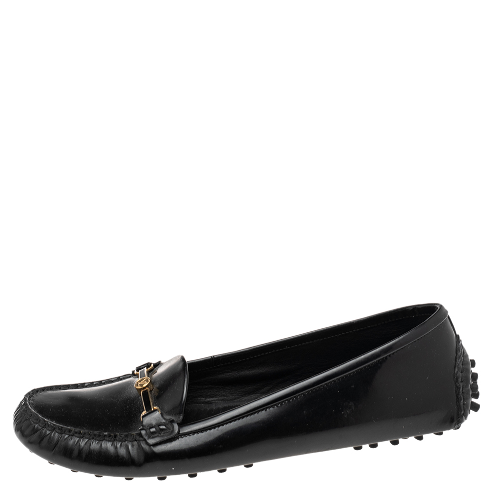 

Louis Vuitton Black Patent Leather Logo Embellished Loafer Size