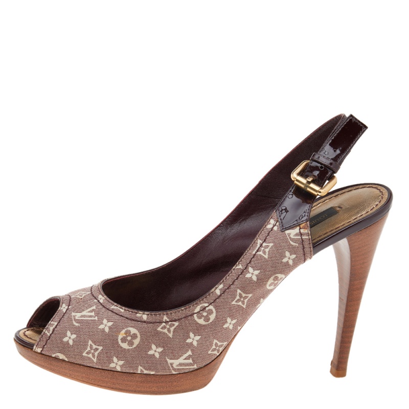 

Louis Vuitton Burgundy/Beige Monogram Idylle Canvas And Patent Leather Peep Toe Slingback Sandals Size