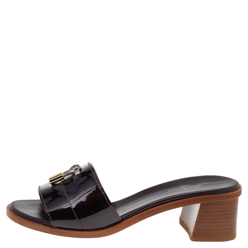 

Louis Vuitton Brown Patent Leather Lockit Mule Sandals Size