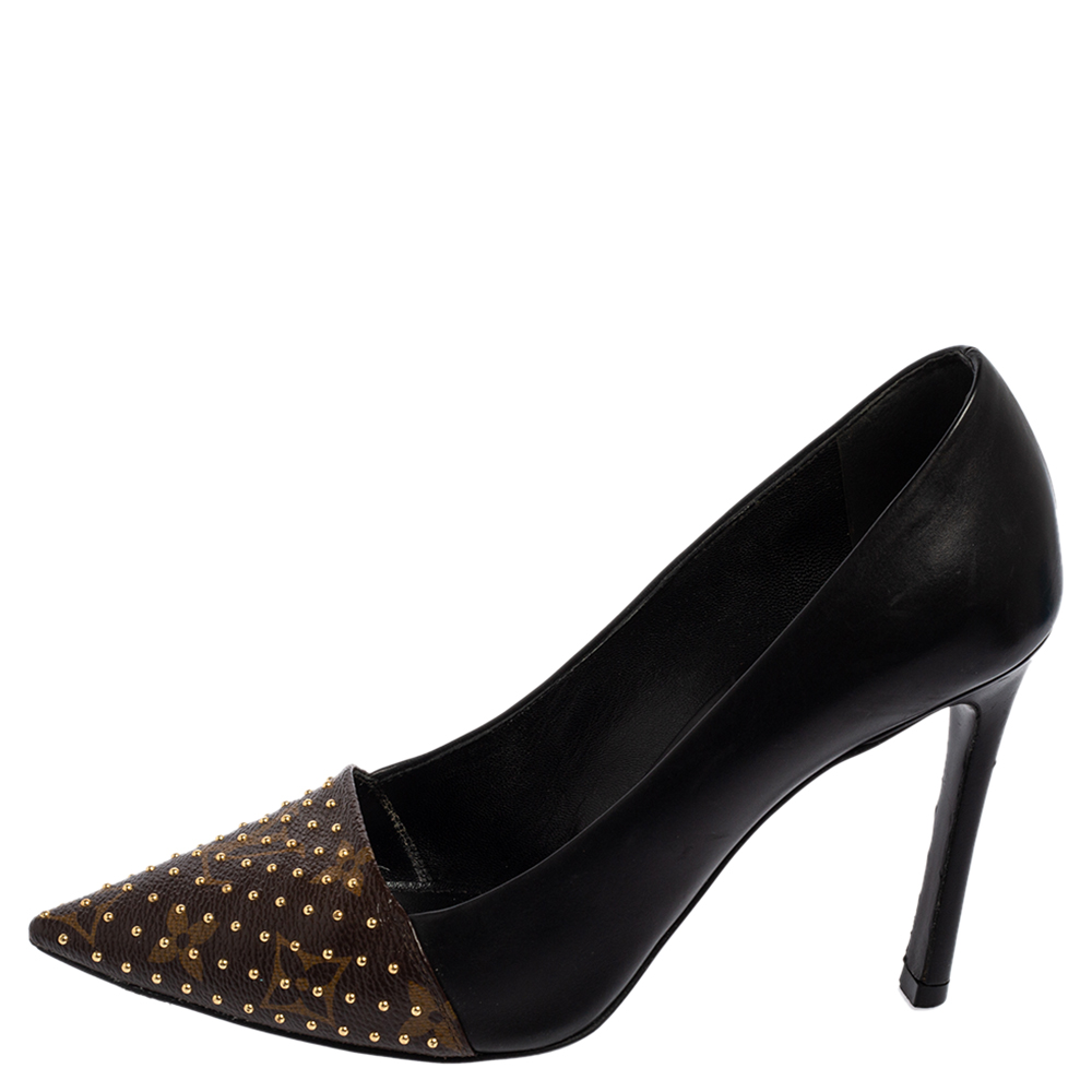 

Louis Vuitton Black/Brown leather and Coated Canvas Monogram Studded Cap-Toe Pumps Size