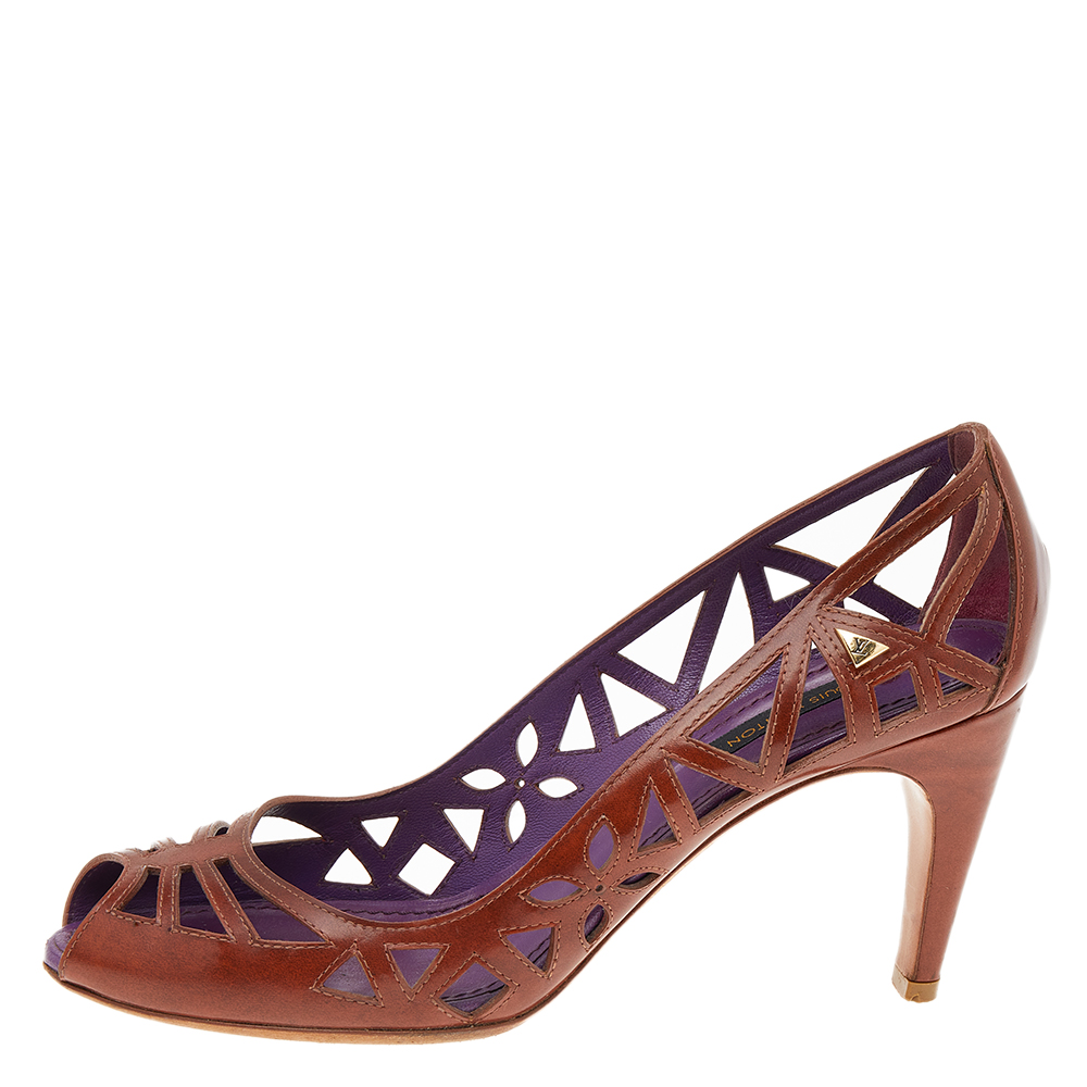 

Louis Vuitton Brown Laser Cut Leather Peep Toe Pumps Size