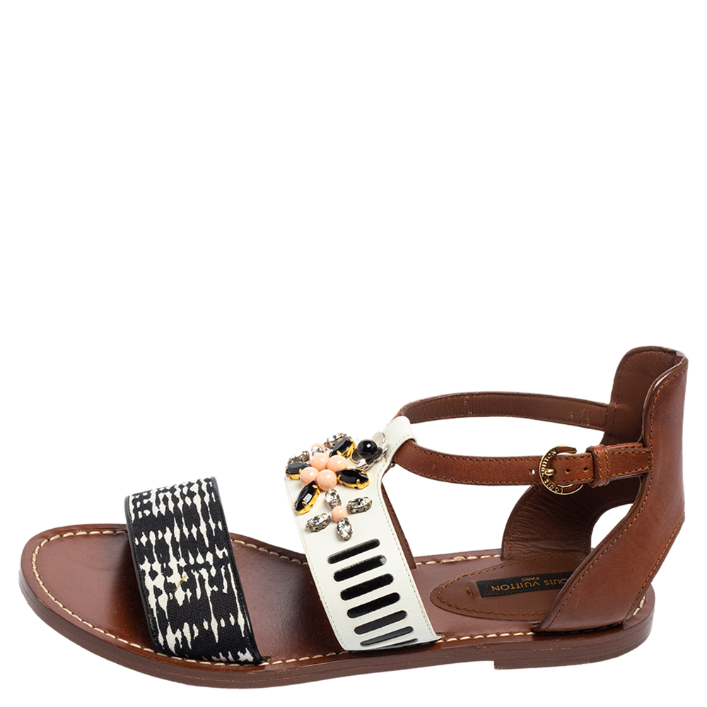 

Louis Vuitton Multicolor Leather And Canvas Crystal Embellished Ankle Strap Flats Size