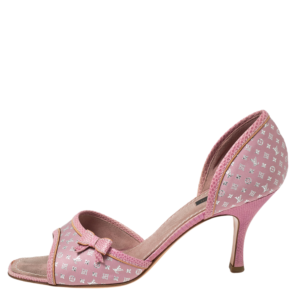 

Louis Vuitton Pink Monogram Canvas And Lizard Embossed Leather Open Toe Pumps Size