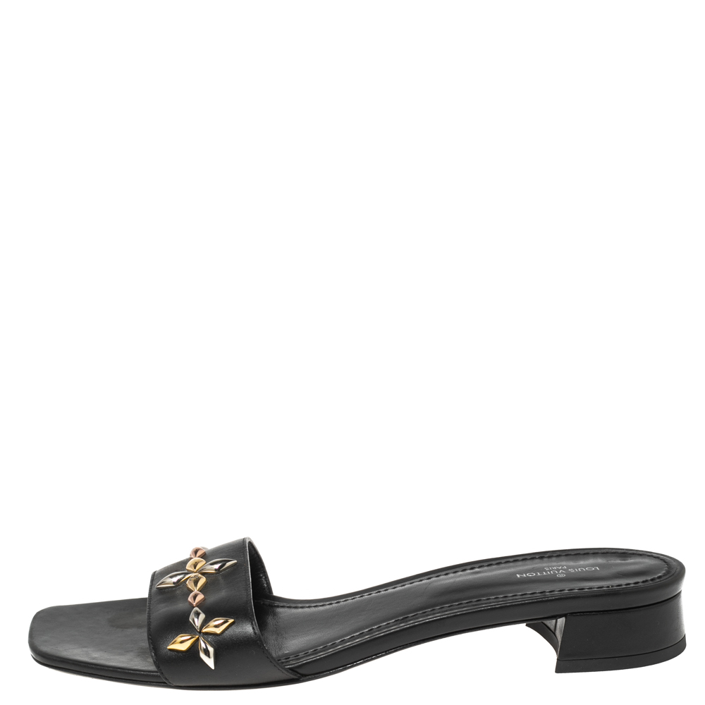 

Louis Vuitton Black Leather Studs Embellished Slide Sandals Size