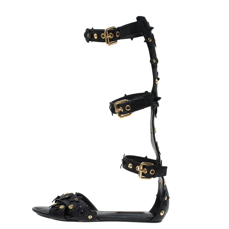 

Louis Vuitton Black Leather Fleur Gladiator Sandals Size