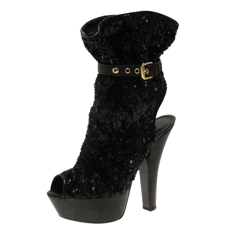 

Louis Vuitton Black Sequins and Leather Peep Toe Platform Ankle Boots Size