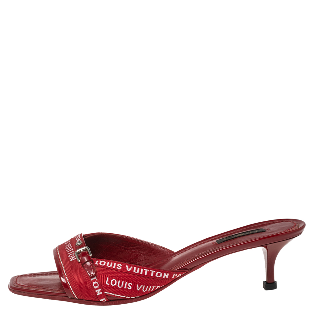 

Louis Vuitton Red Canvas and Leather Trim Slide Sandals Size