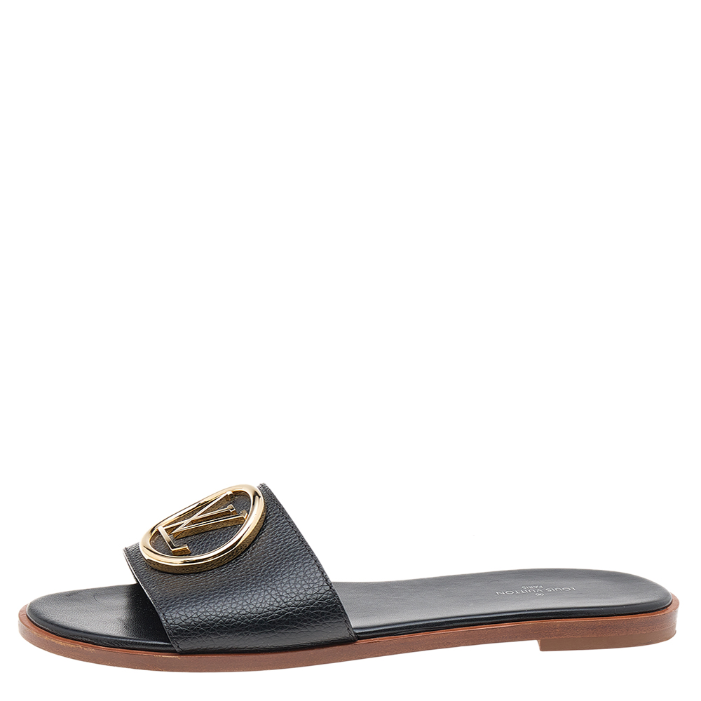 

Louis Vuitton Black Leather Lock It Flat Mules Size