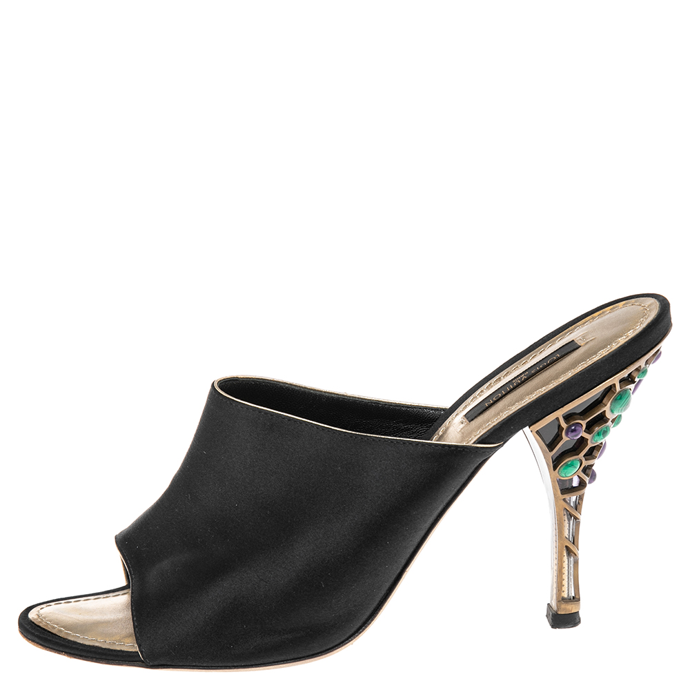 

Louis Vuitton Black Satin Embellished Heel Mule Sandals Size
