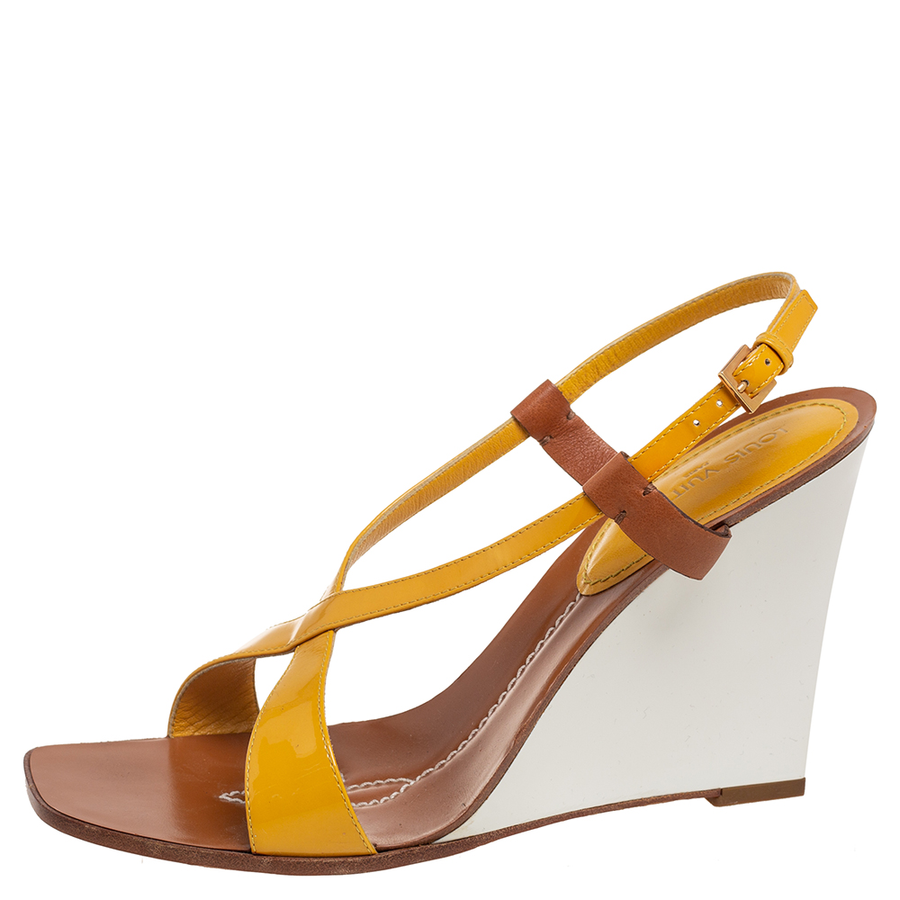 

Louis Vuitton Yellow Patent Leather Wedge Cross Strap Slingback Sandals Size