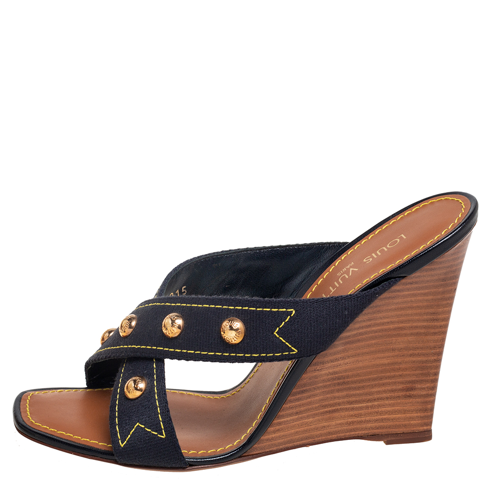 

Louis Vuitton Black Canvas Studded Wedge Cross Strap Sandals Size