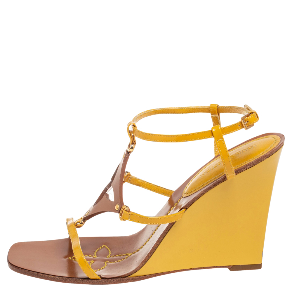

Louis Vuitton Yellow/Brown Patent And Leather Fleur Wedge Sandals Size