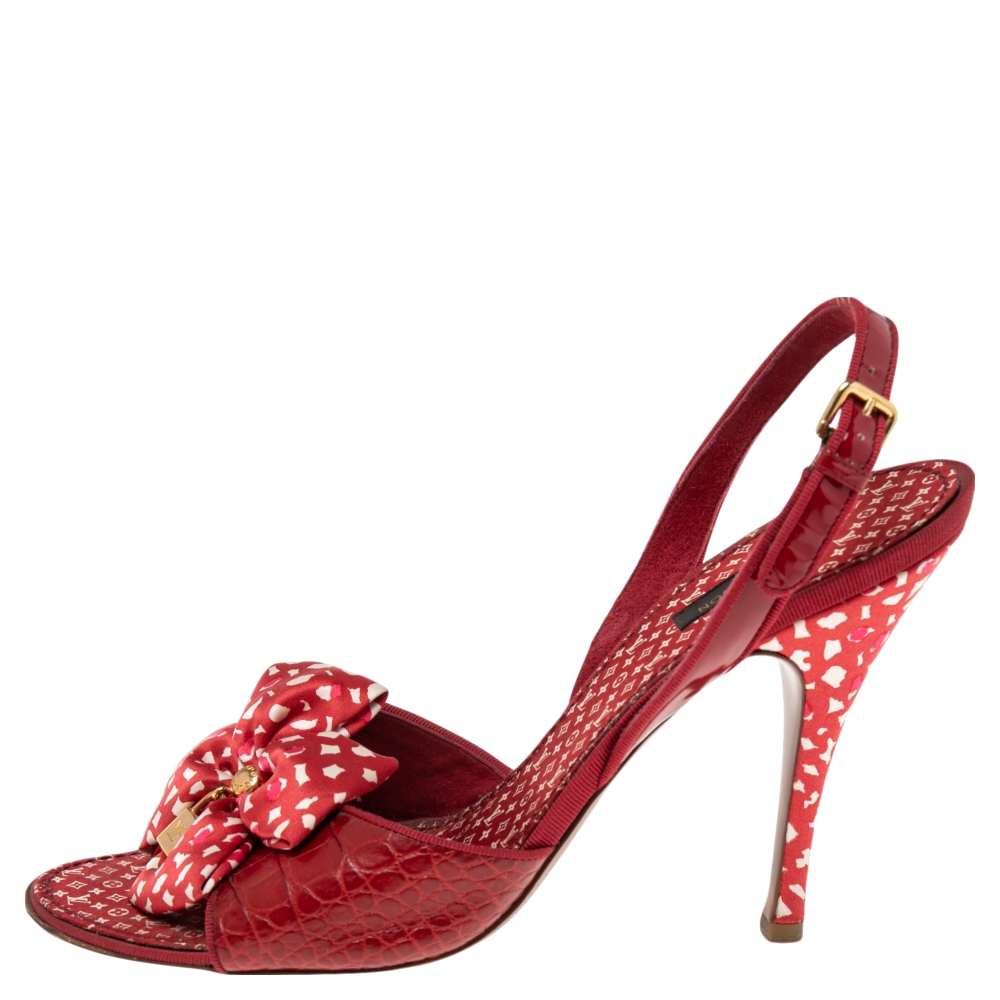 

Louis Vuitton Red Croc Embossed Leather Printed Silk Bow Lock Charm Detail Slingback Sandals Size