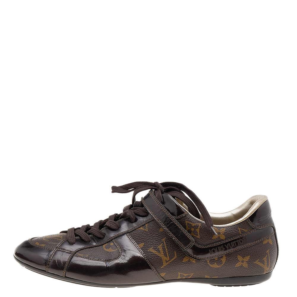 

Louis Vuitton Brown Monogram Canvas and Patent Leather Globe Trotter Low Top Sneakers Size