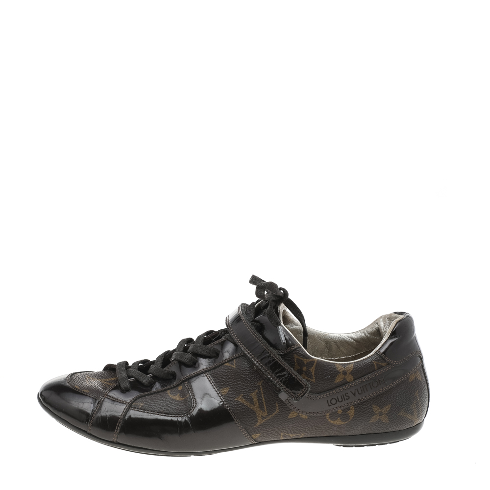 

Louis Vuitton Brown Monogram Canvas and Patent Leather Globe Trotter Low Top Sneakers Size