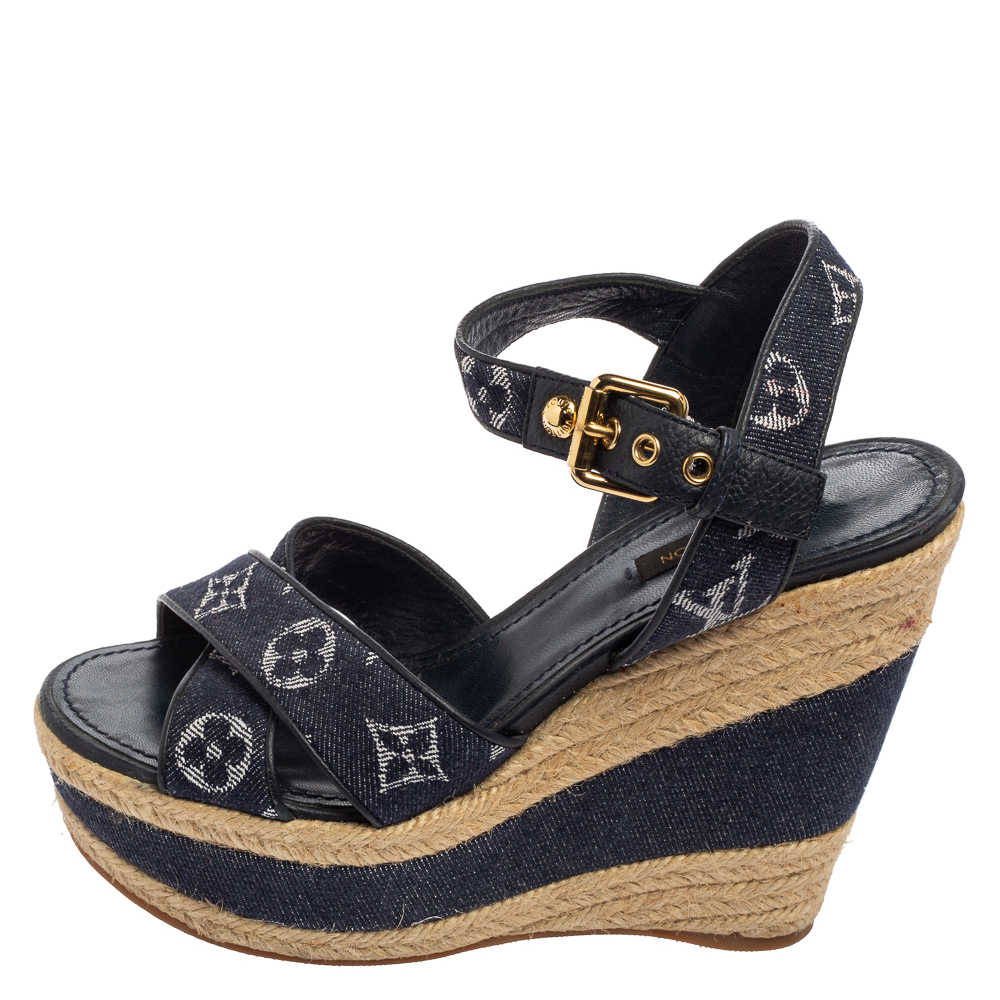 

Louis Vuitton Blue Criss Cross Denim Ankle Strap Platform Wedge Sandals Size