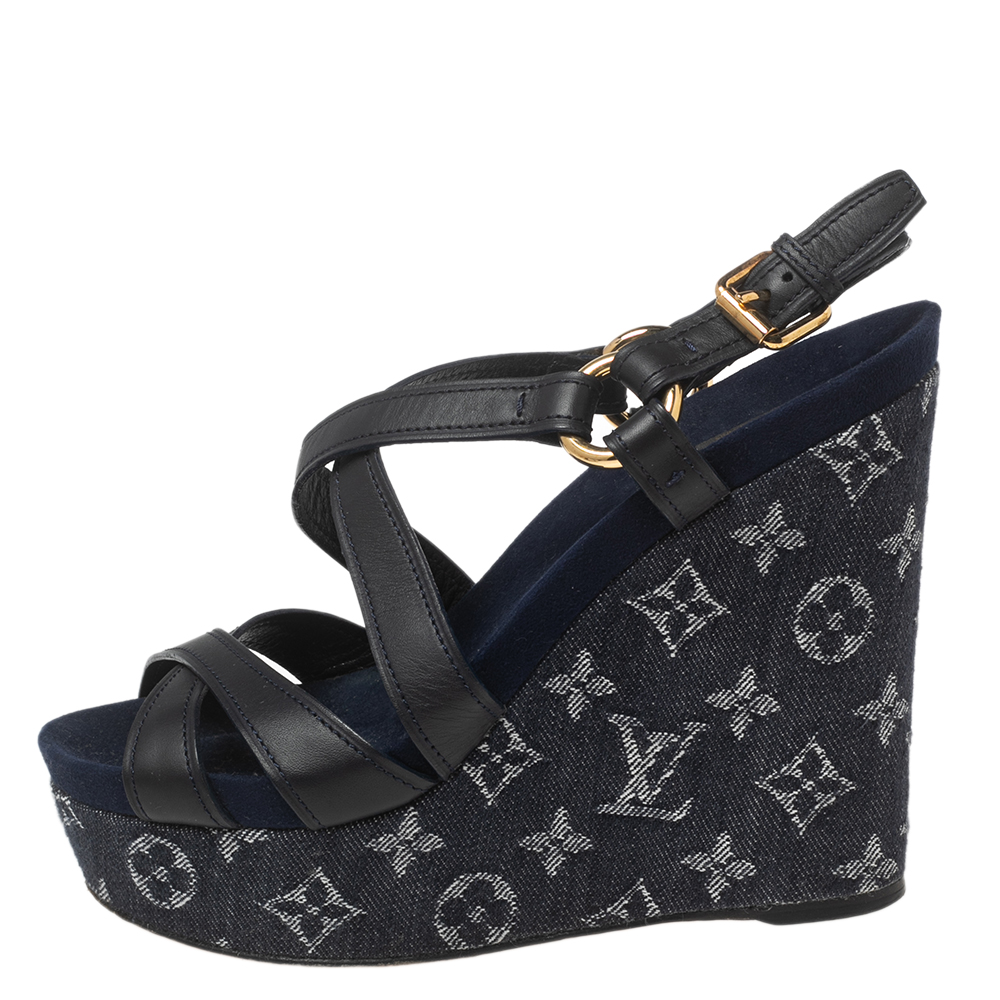 

Louis Vuitton Navy Blue Leather and Monogram Denim Wedge Ocean Sandals Size