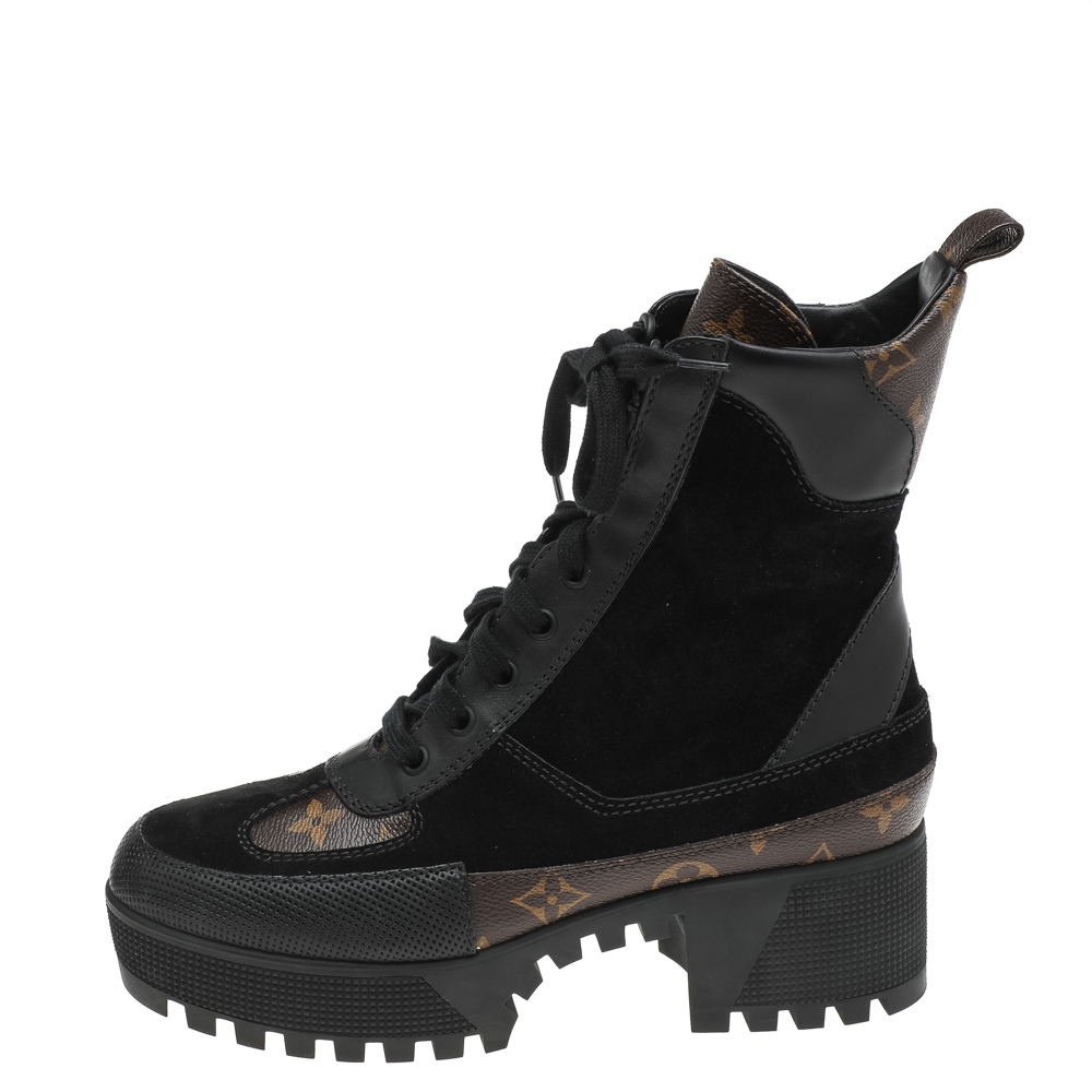 

Louis Vuitton Black/Brown Suede and Monogram Canvas Laureate Platform Desert Ankle Boots Size