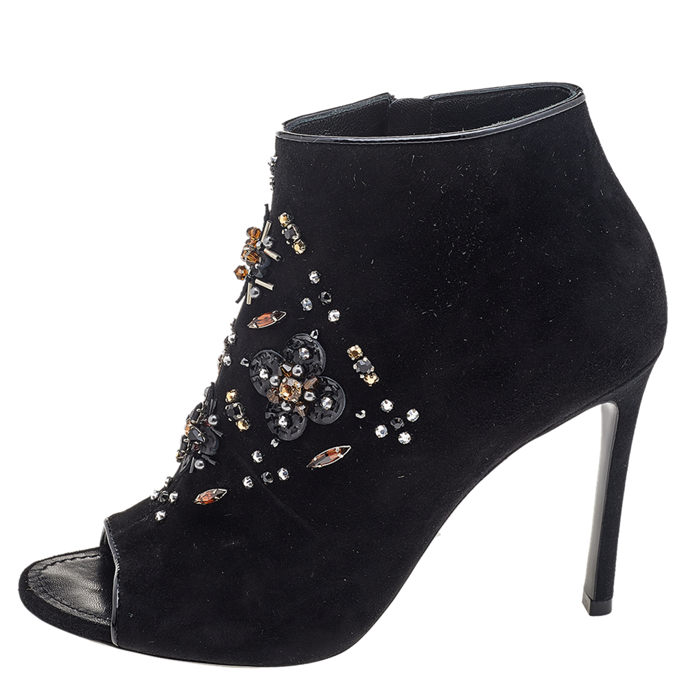 

Louis Vuitton Black Suede Crystal Embellished Peep Toe Booties Size