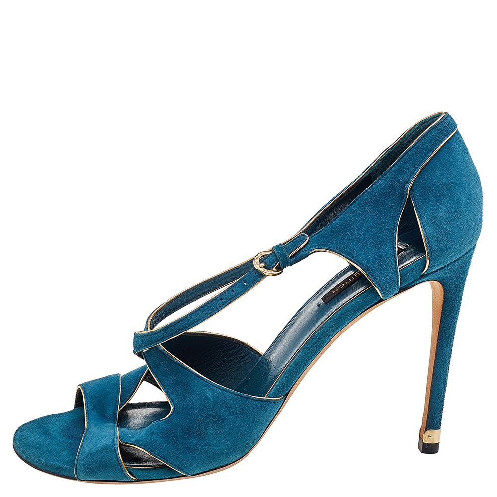 

Louis Vuitton Teal Blue Suede Cutout Strappy Sandals Size