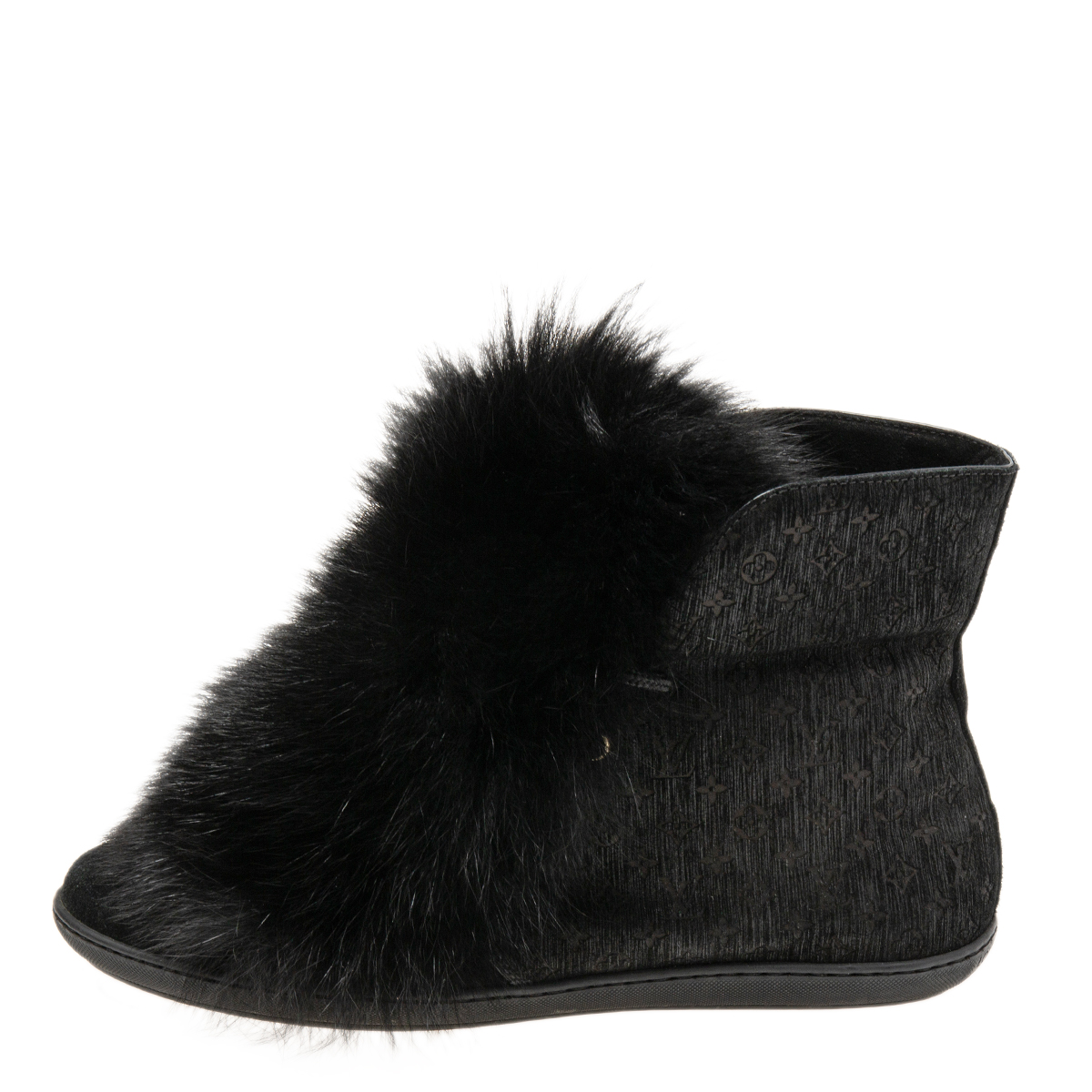 

Louis Vuitton Black Monogram Suede and Fur Ankle Boots Size