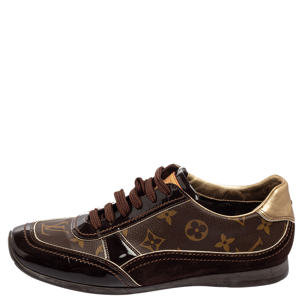 

Louis Vuitton Brown Monogram Canvas and Patent Leather Globe Trotter Square-Toe Sneakers Size