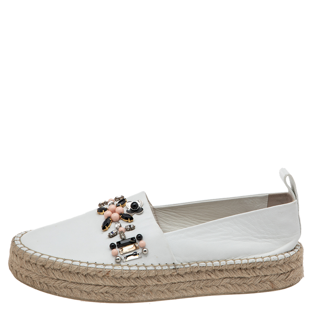 

Louis Vuitton White Leather Embellished Espadrille Flats Size