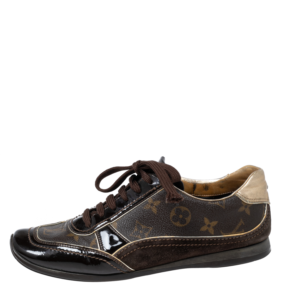 

Louis Vuitton Monogram Canvas, Patent Leather and Suede Globe Trotter Sneakers Size, Brown