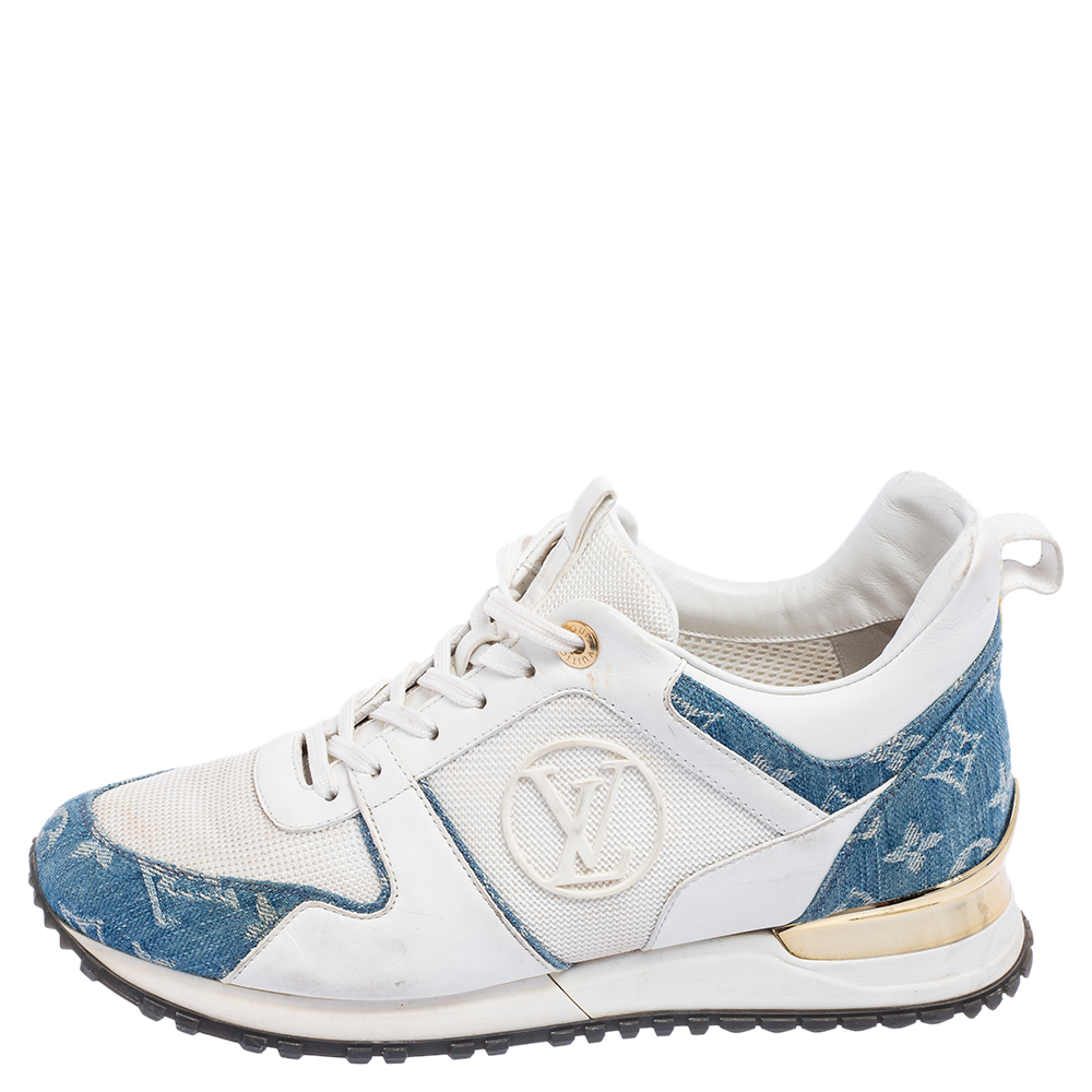 

Louis Vuitton White/Blue Leather, Mesh and Monogram Denim Run Away Sneakers Size