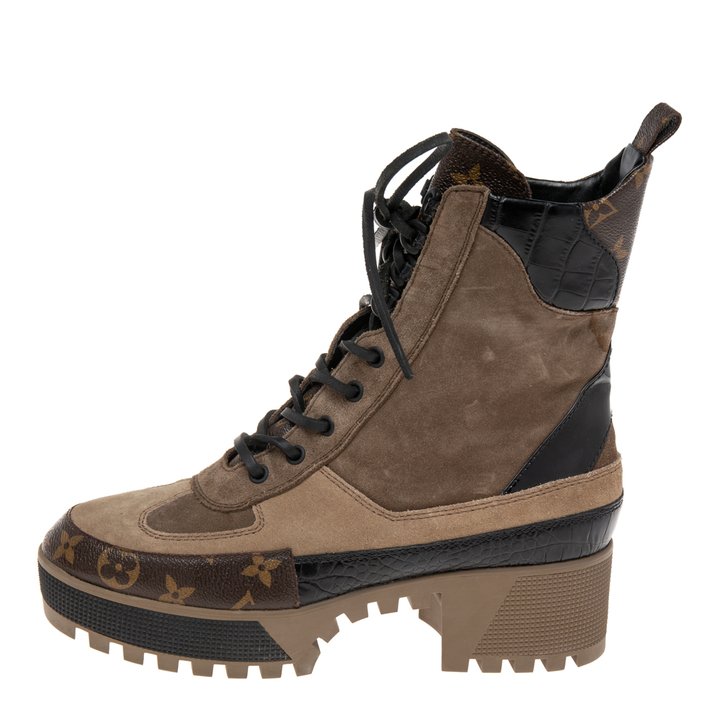 

Louis Vuitton Tri-Color Suede, Monogram Canvas and Croc Embossed Leather Laureate Platform Desert Boots Size, Brown