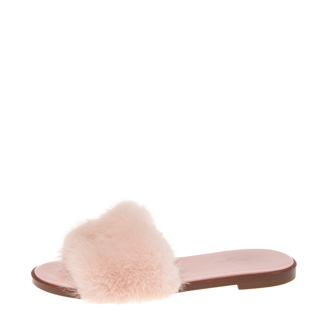 

Louis Vuitton Pink Mink Fur Lock It Flat Slides Size