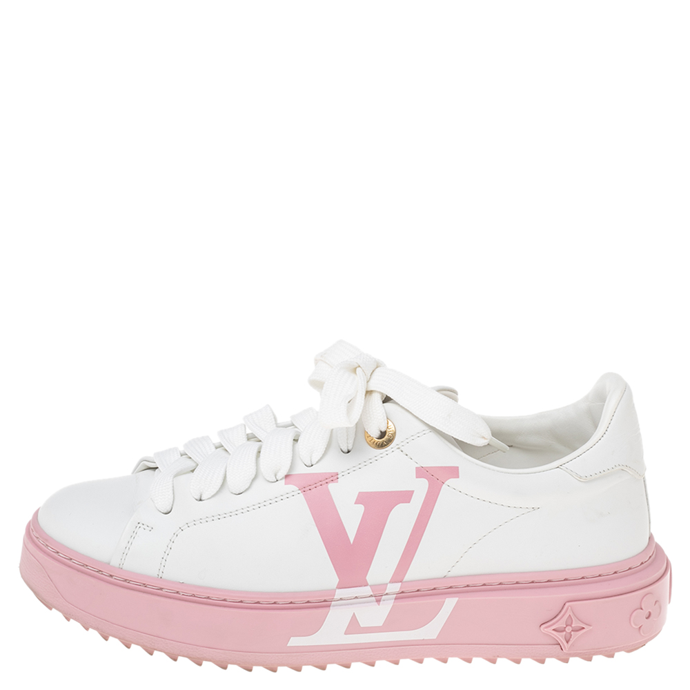 

Louis Vuitton White/Pink Leather Logo Time Out Sneakers Size