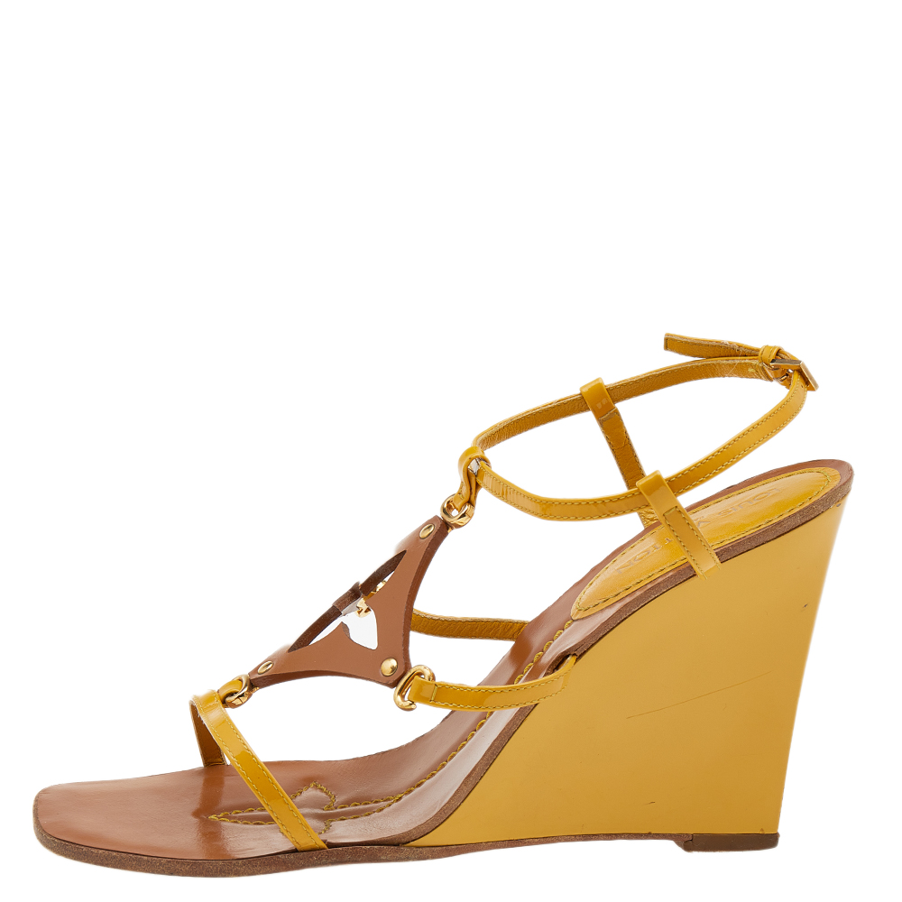

Louis Vuitton Yellow/Brown Patent And Leather Fleur Ankle Strap Wedge Sandals Size