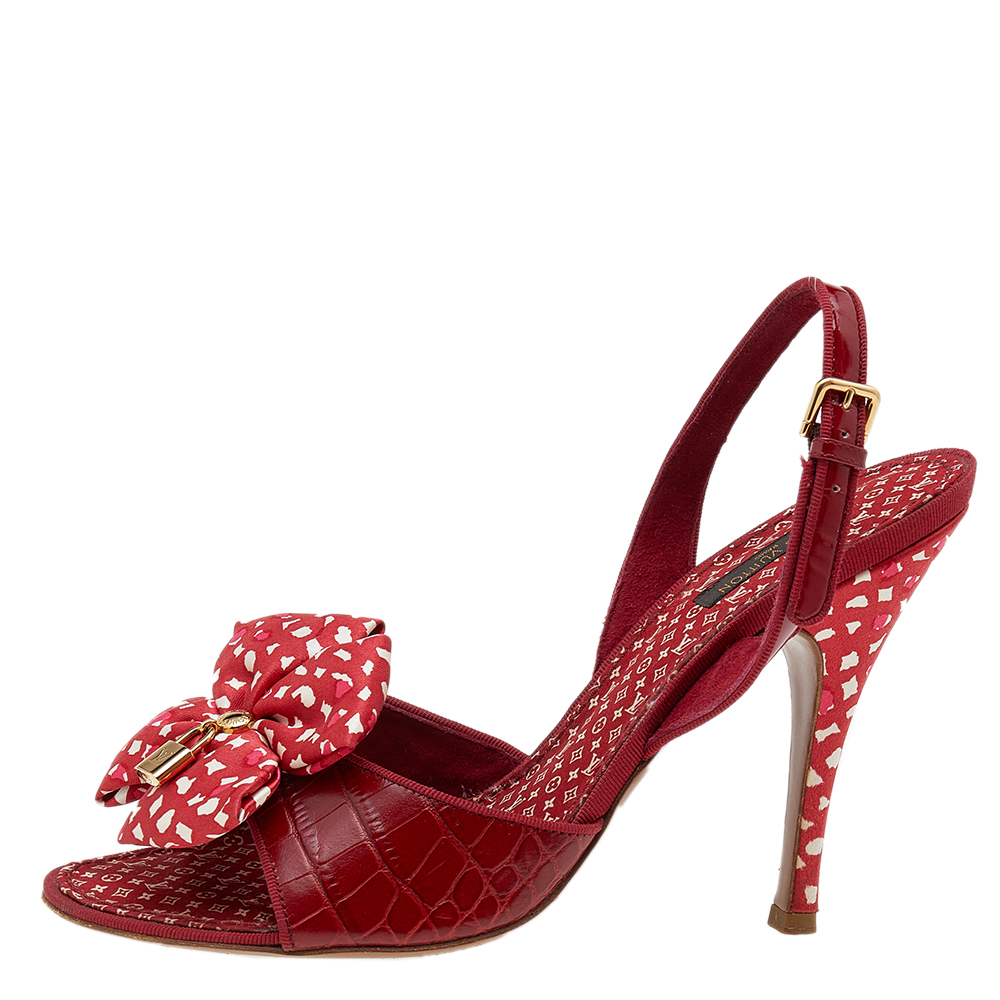 

Louis Vuitton Red Croc Embossed And Patent Leather Printed Silk Bow Lock Charm Sandals Size