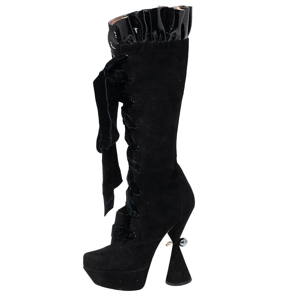 

Louis Vuitton Black Suede And Patent Leather Knee Length Boots Size