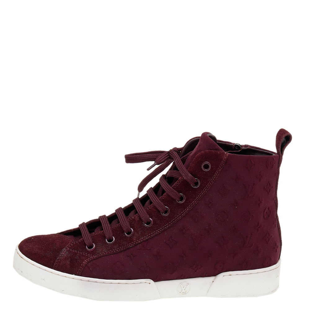 

Louis Vuitton Burgundy Monogram Fabric And Suede High Top Sneakers Size